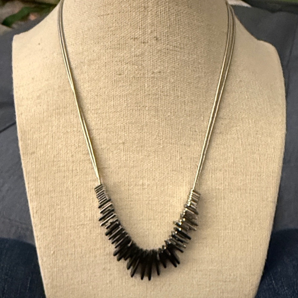 Contemporary Silver Tone 2 Strand Necklace With Square Silver Tone & Black Links